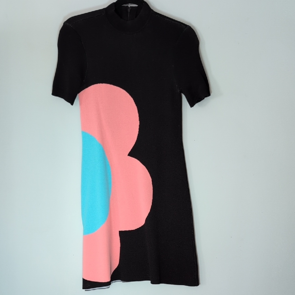 STAUD Dress Flower Graphic Mini Mod Black Pink and Blue Sz Small Rare 2-4 Twiggy
